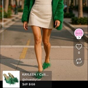 KAYLEEN / Cailin-20/ Green Satin / Feathered / Mule Heels/  With Pointed Toe